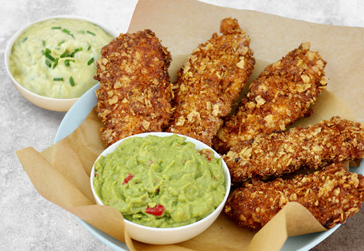 Crispy Oven-Baked Chicken Tenders with Guacamole Crema Dip