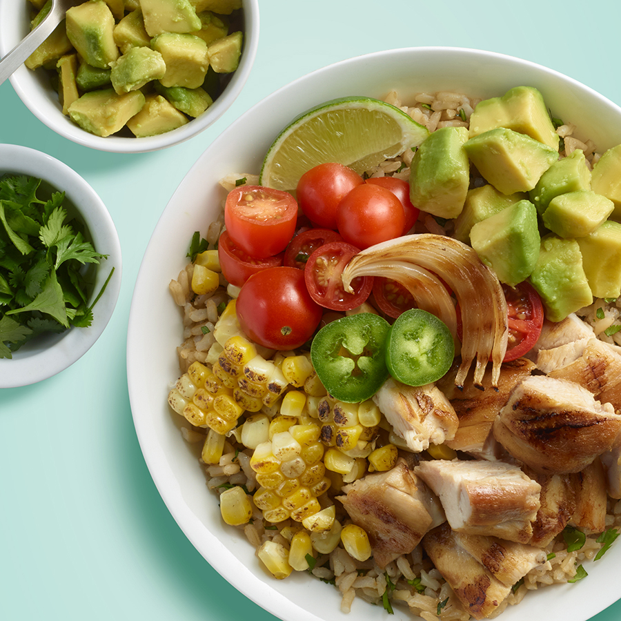 Killer Grilled Chicken and Guacamole Burrito Bowl