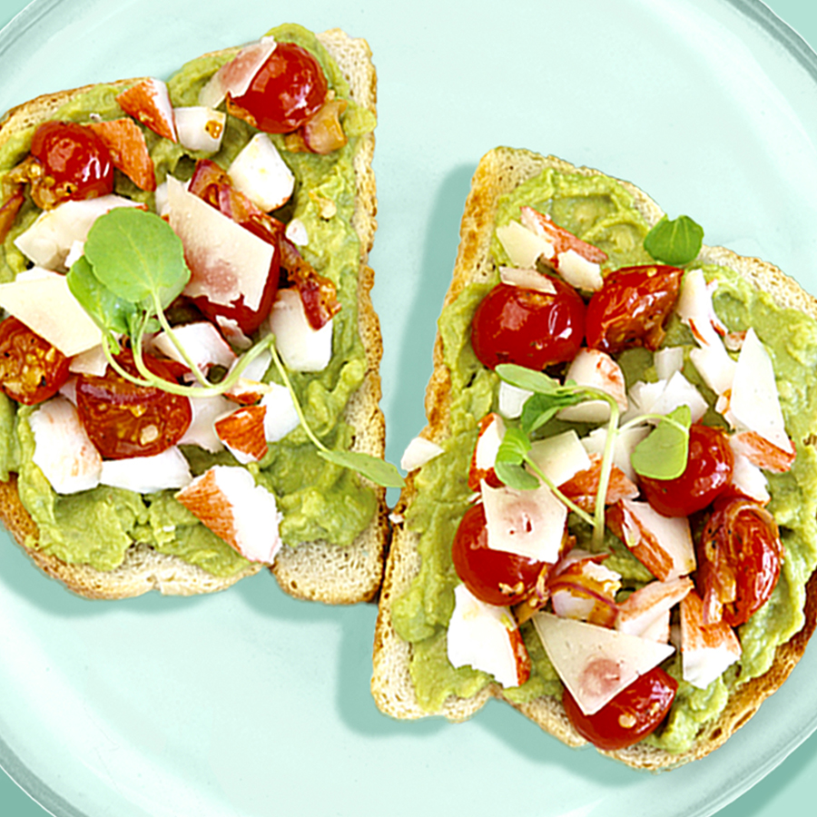 Lobster Guacamole Toast with Roasted Tomatoes